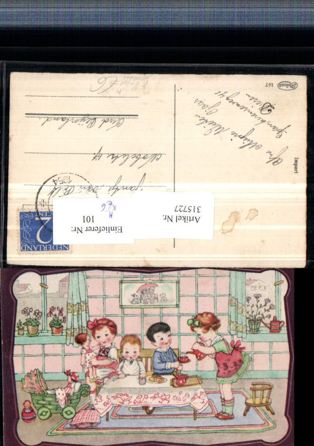 315727,Künstler AK Kinder b. Tisch Puppen Puppenwagen