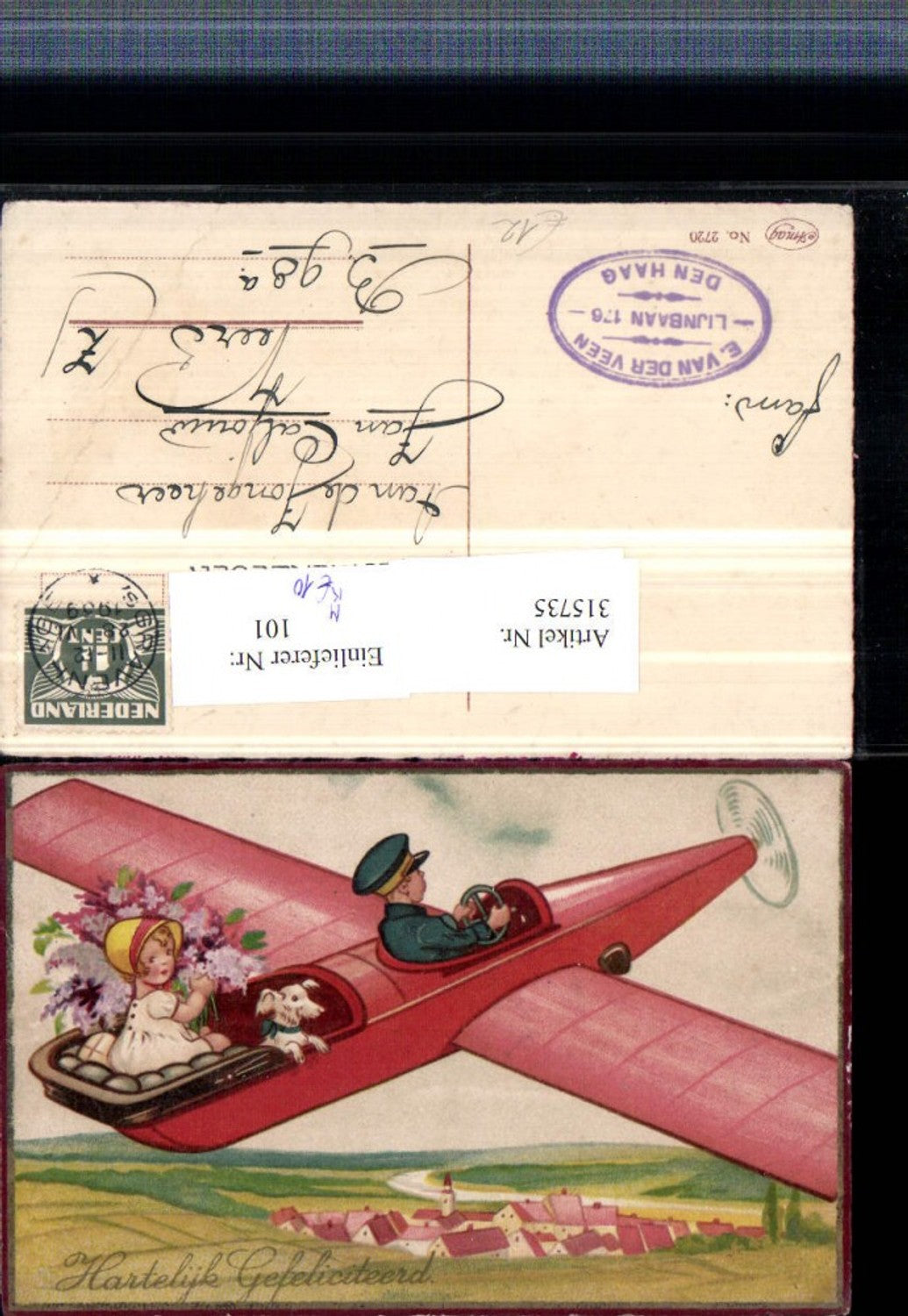 315735,Künstler AK Kinder m. Hund im Flugzeug Flieger Blumenstrauß pub Amag 2720