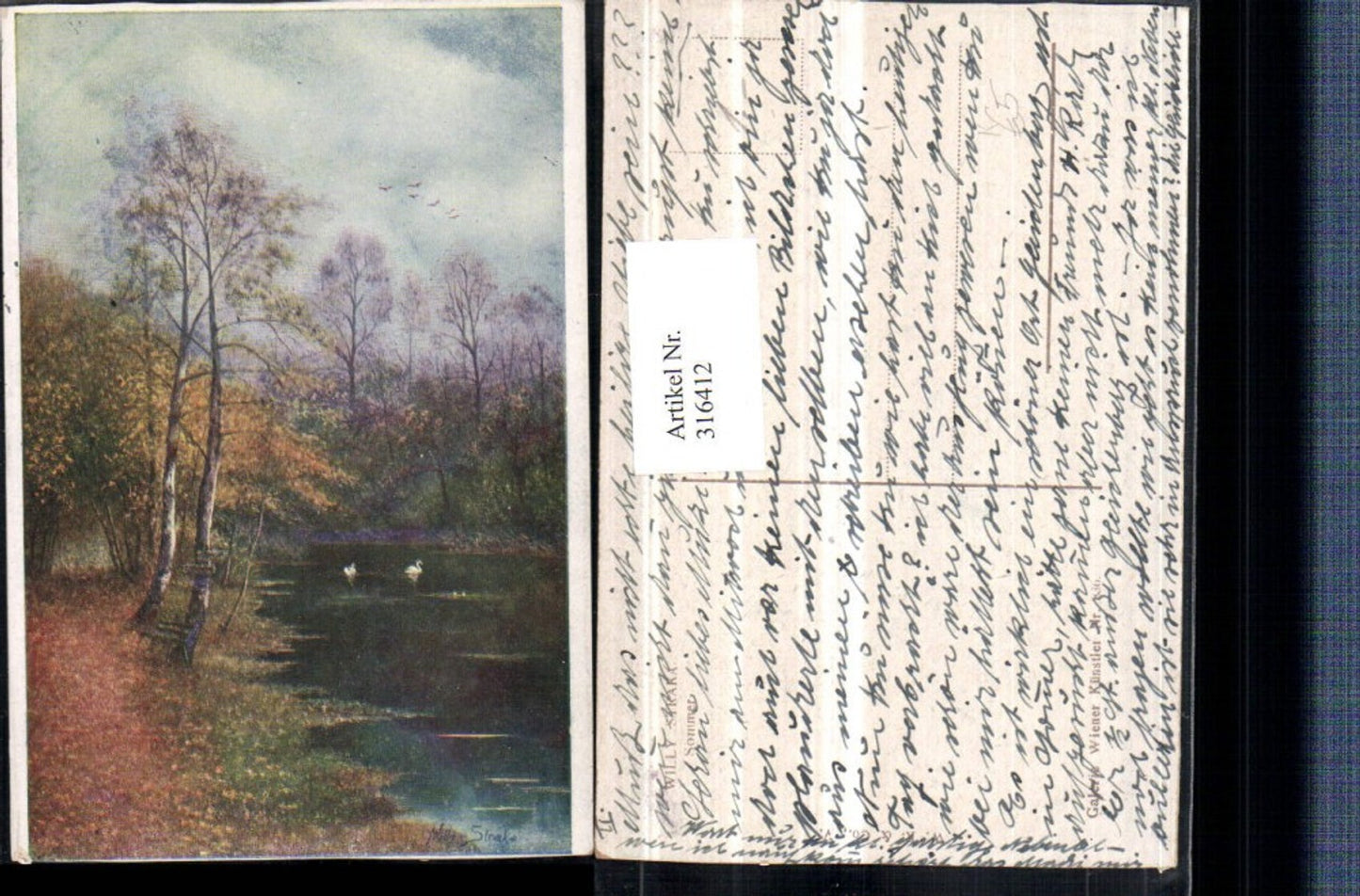 316412,Künstler AK Willy Straka Sommer Landschaft Teich Bäume