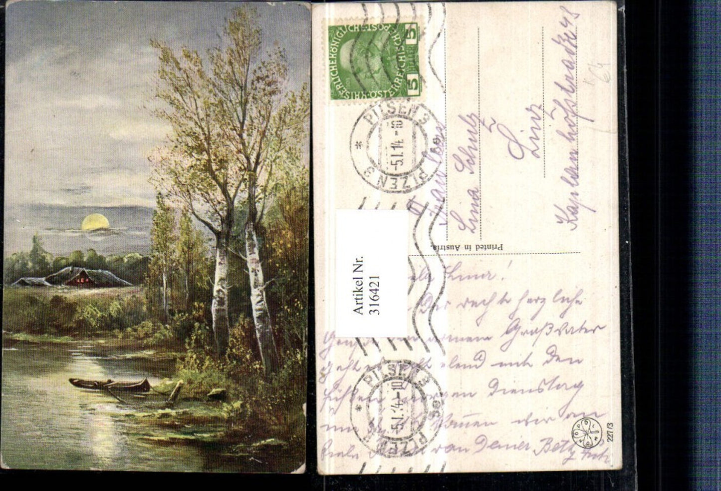 316421,Künstler AK Landschaft See Ruderboot Mondschein