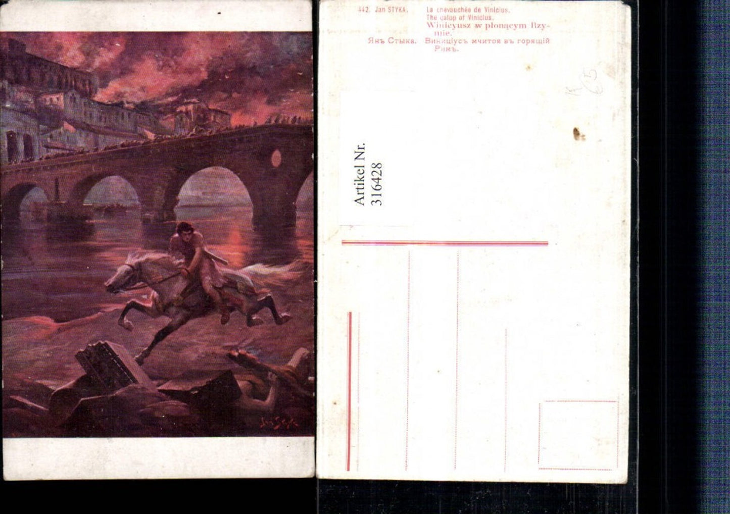316428,Künstler AK Jan Styka The galop of Vinicius Mann m. Pferd Brücke