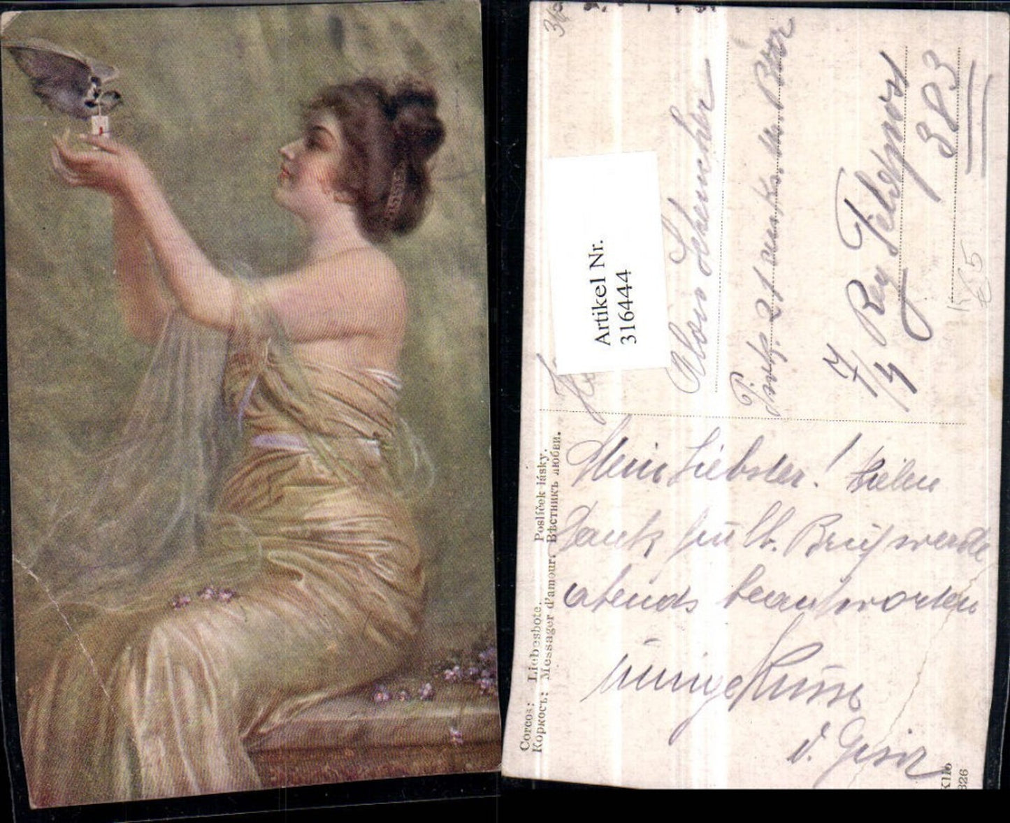 316444,Künstler AK Corcos Liebesbote Frau m. Kleid Taube m. Brief Brieftaube
