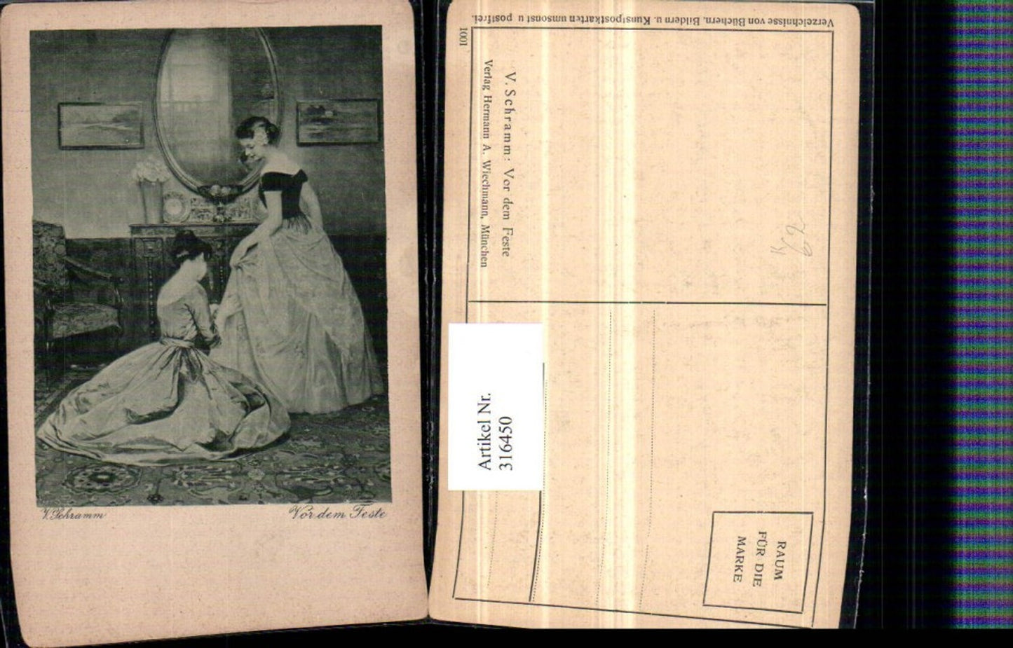 316450,Künstler AK V. Schramm Vor dem Feste Frauen m. Kleider Spiegel Stuhl