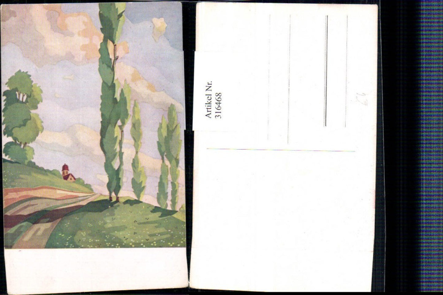 316468,Künstler AK Landschaft Kirche Bäume Wegpartie