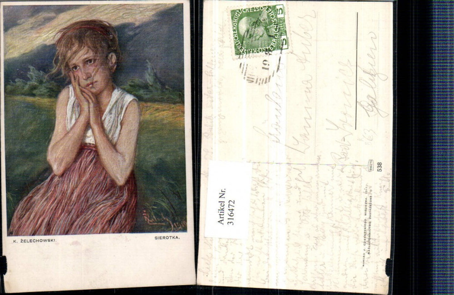 316472,Künstler AK K. Zelechowski Sierotka trauriges Mädchen m. Kleid Portrait