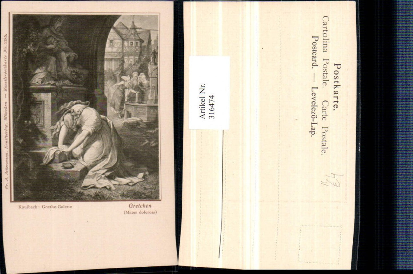 316474,Künstler AK Kaulbach Gretchen Mater dolorosa Frau m. Kleid Brunnen pub A. Ackermann 1185