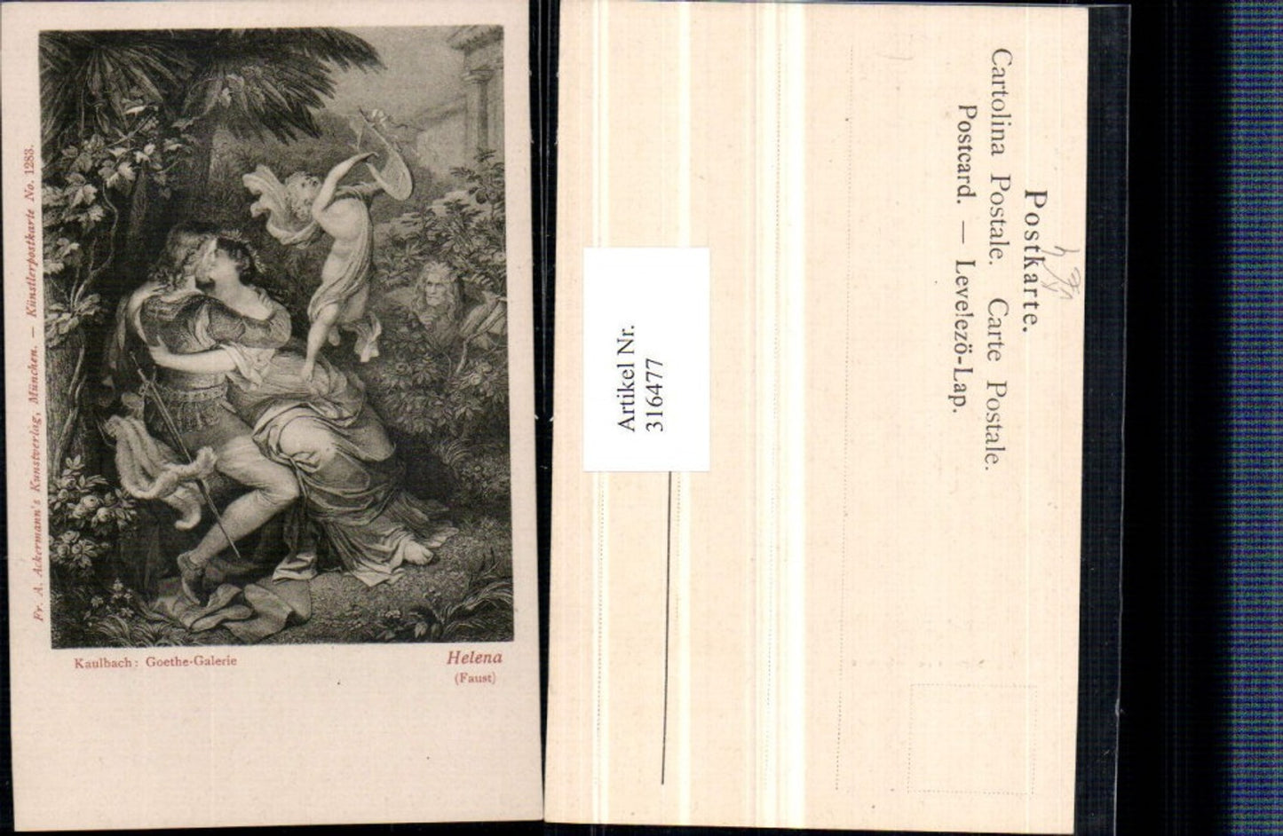316477,Künstler AK Kaulbach Helena Faust Liebespaar Kuss Harfe pub A. Ackermann1283