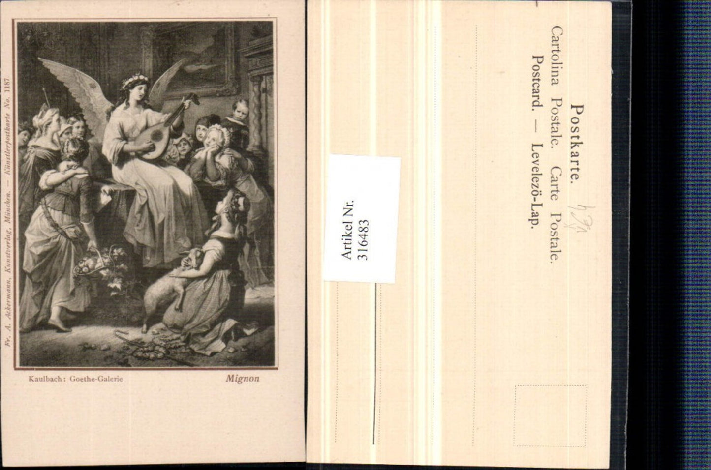 316483,Künstler AK Kaulbach Mignon Frauen Mädchen Engel m. Laute pub A. Ackermann 1187