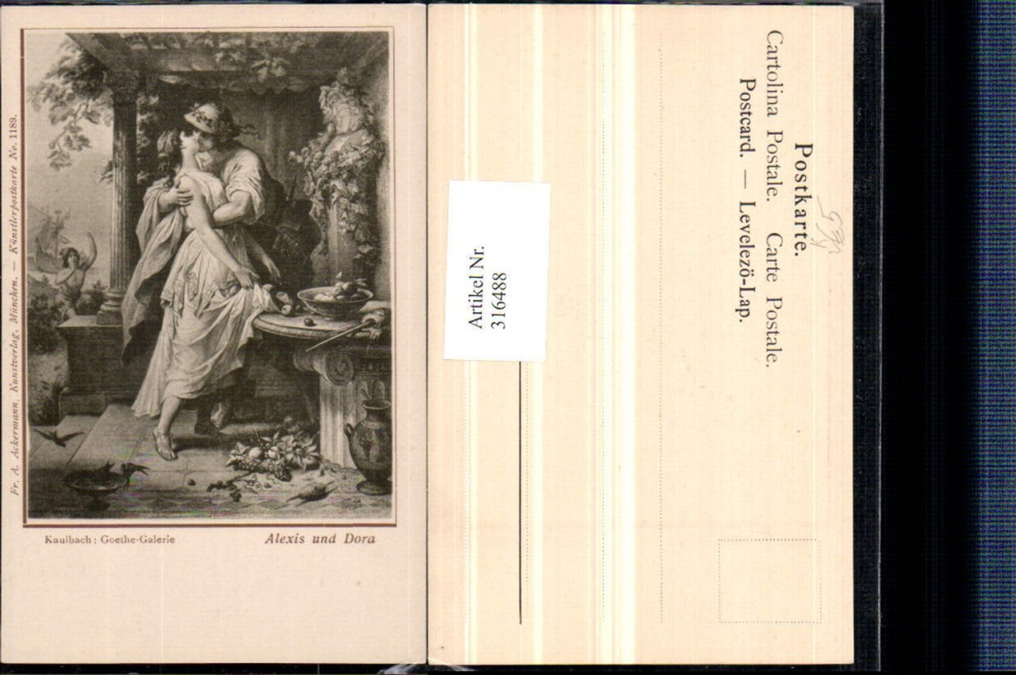 316488,Künstler AK Kaulbach Alexis und Dora Liebespaar Kuss pub A. Ackermann 1189