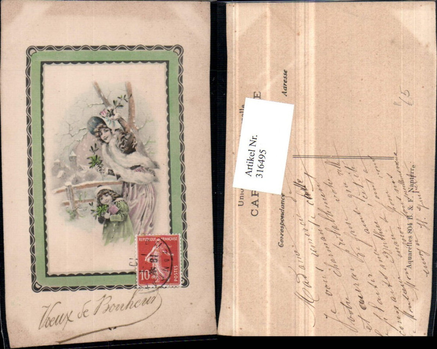 316495,Künstler AK Frau Mutter m. Kind Haube Winterbild Passepartout