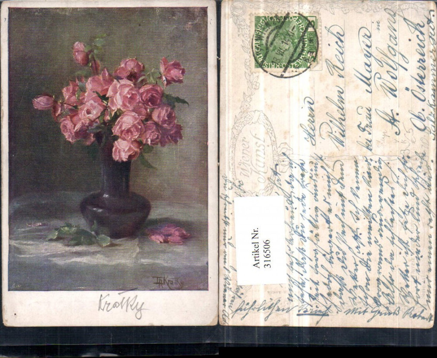 316506,Künstler AK Therese Kralky Steyr Rosenstrauß Rosen Vase pub B.K.W.I. 147