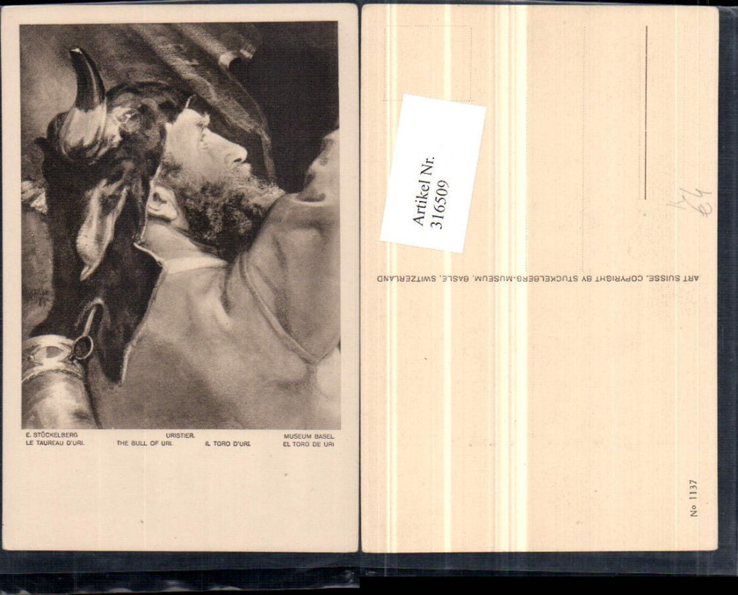 316509, Artist AK E. Stückelberg, Uristier Man with Bull Helmet