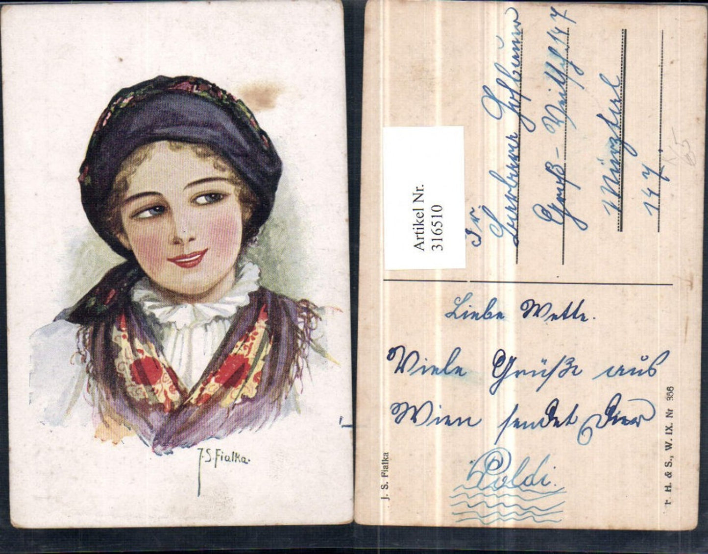 316510,Künstler AK J. S. Fialka Mädchen m. Kopftuch Tuch Portrait