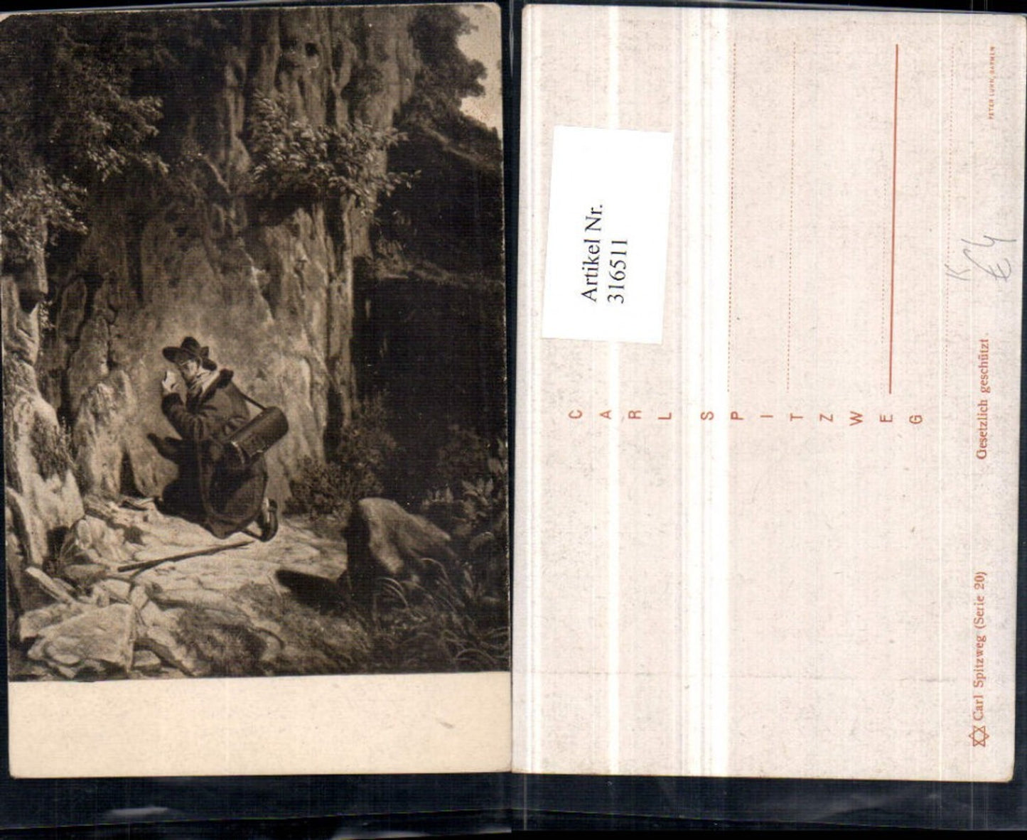 316511,Künstler AK Carl Spitzweg Mann m. Hut Tasche Felswand