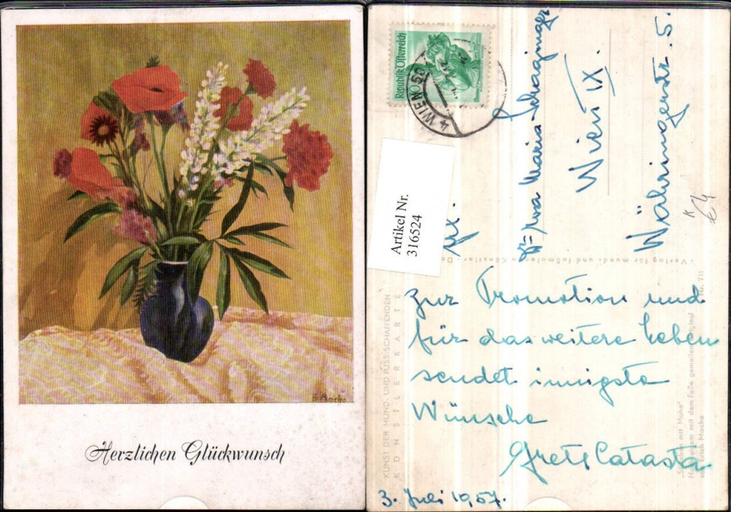 316524,Künstler AK Erich Macho Fußgemalt Stillleben m. Mohn Blumen Vase