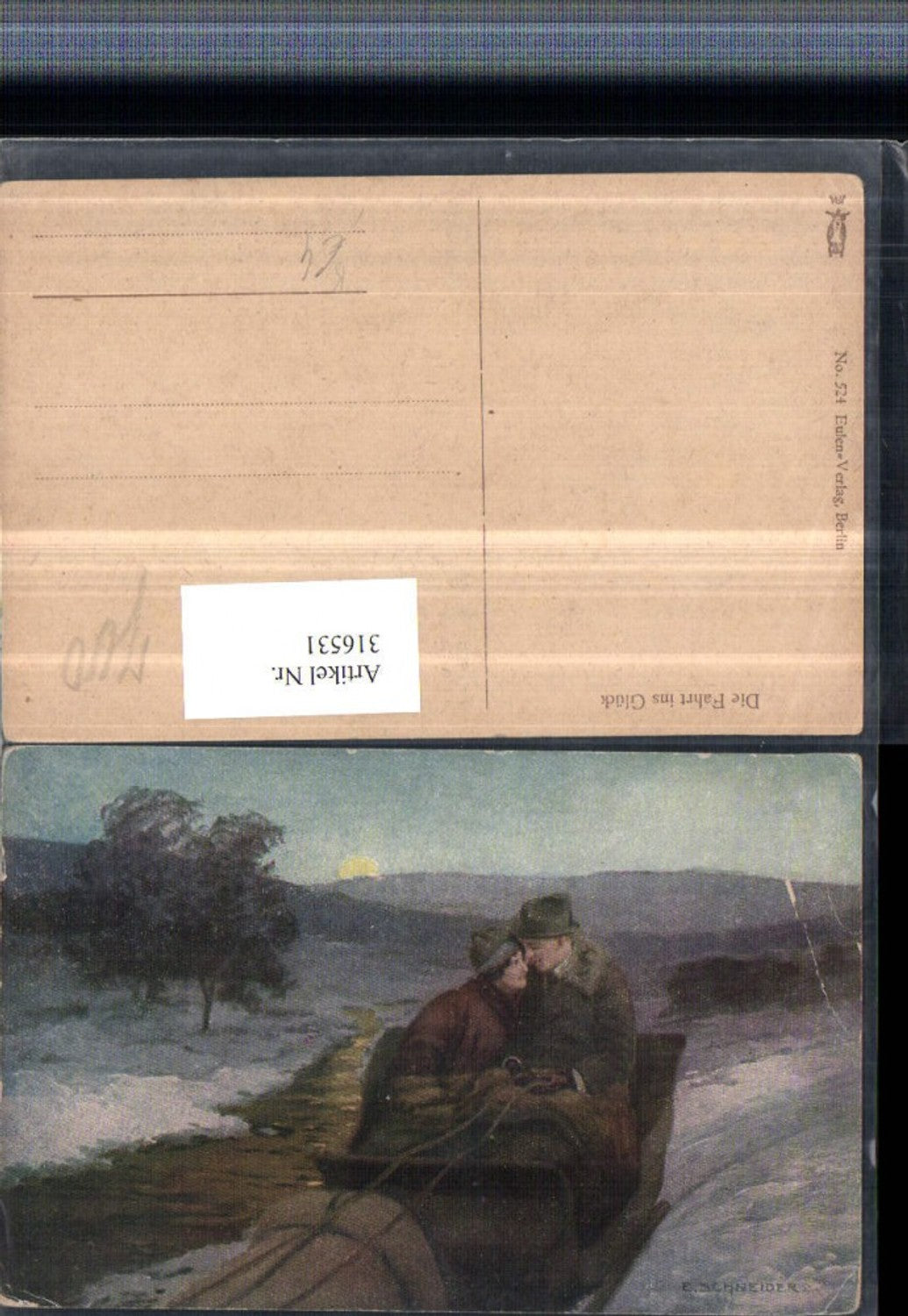 316531,Künstler AK E. Schneider Die Fahrt ins Glück Liebespaar Kutsche Winterlandschaft
