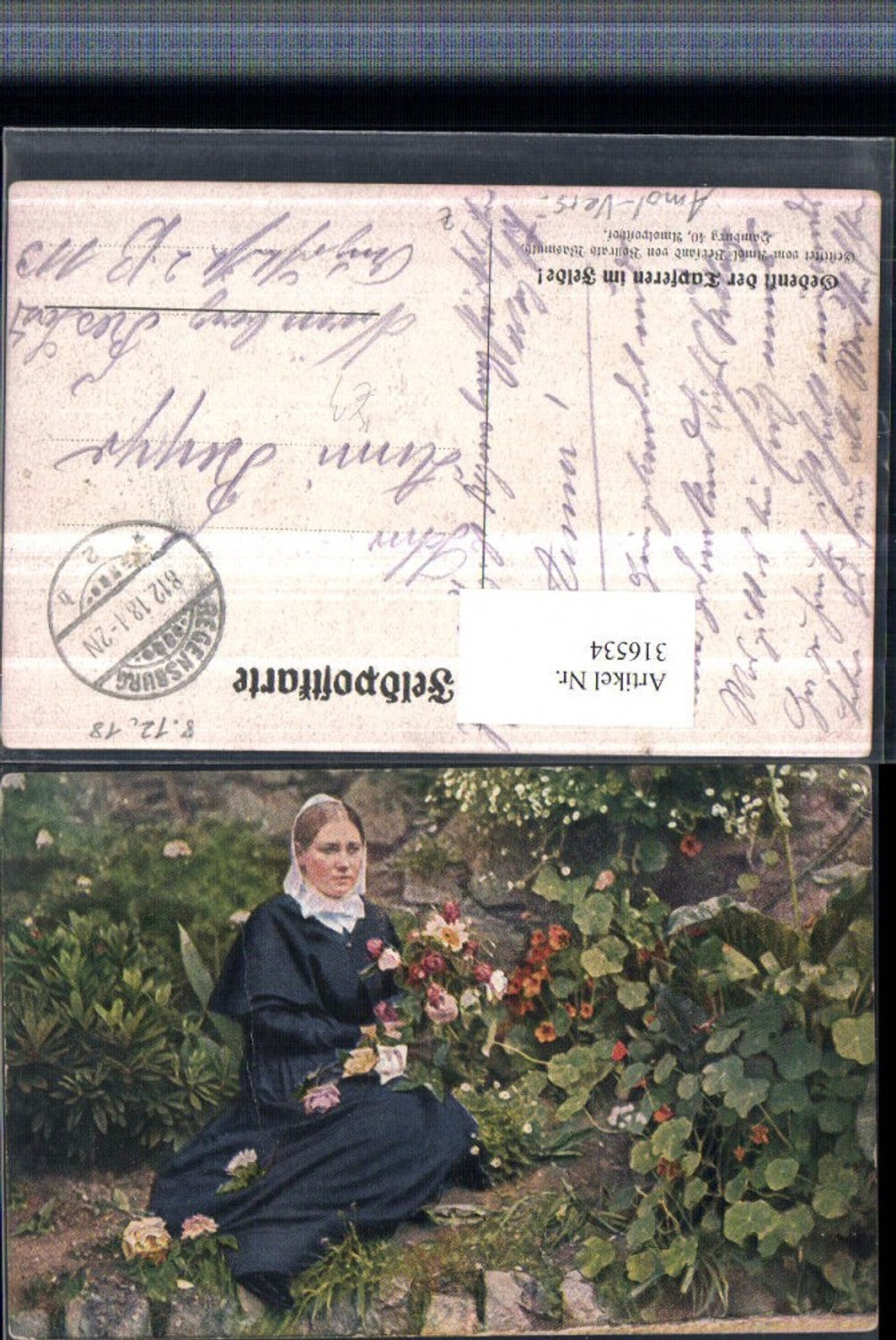 316534,Künstler AK Frau m. Kleid Blumenstrauß Blumen