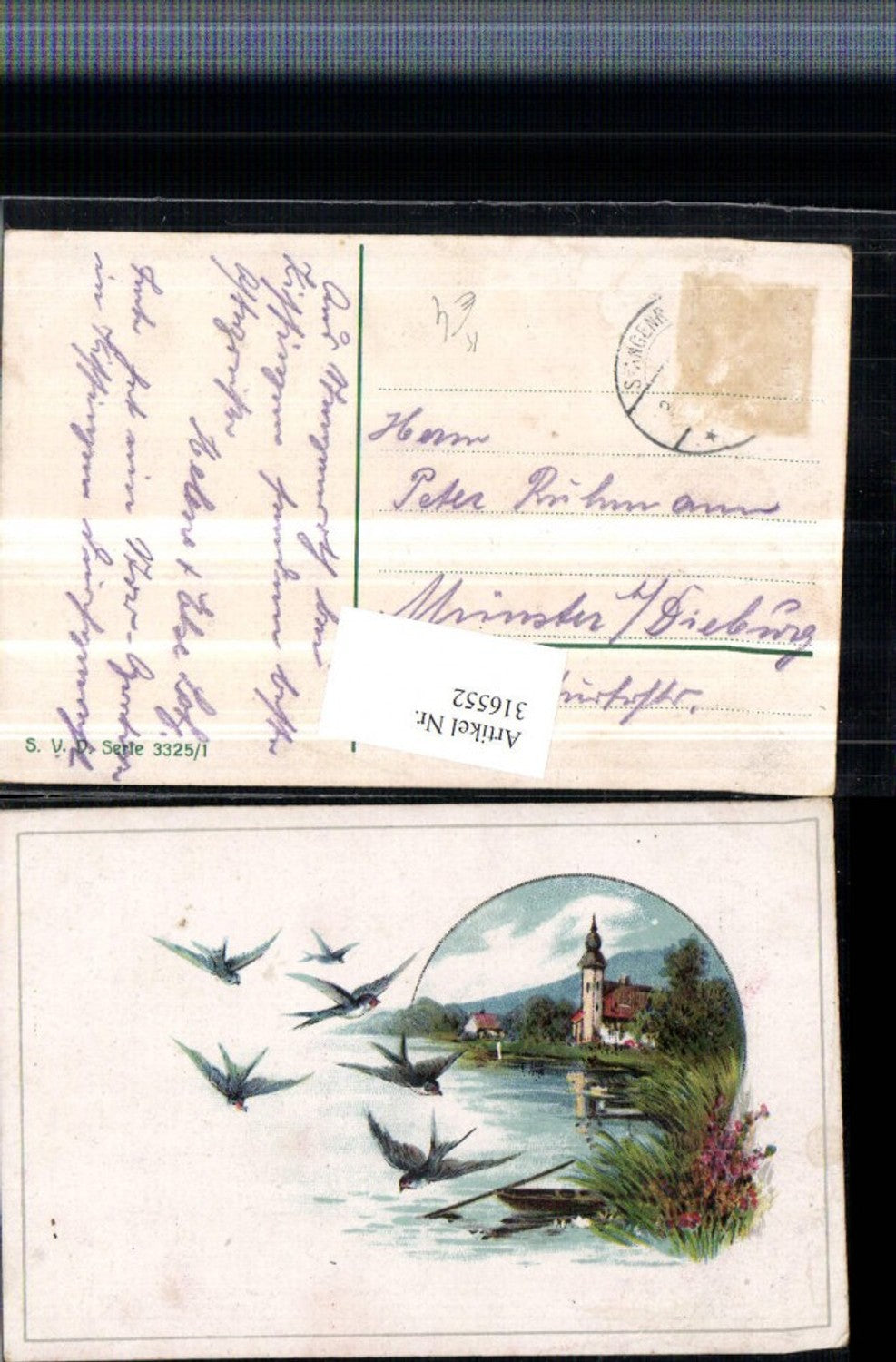 316552,Künstler AK Landschaft Kirche See Ruderboot Schwalben