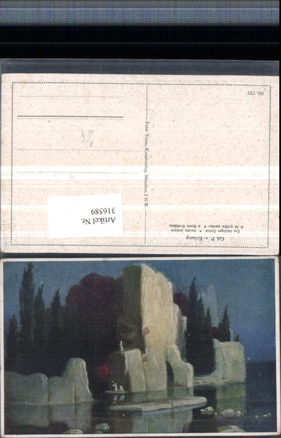 316589,Künstler AK Gd. P. v. Erlang Zur heiligen Grotte Insel Felsen