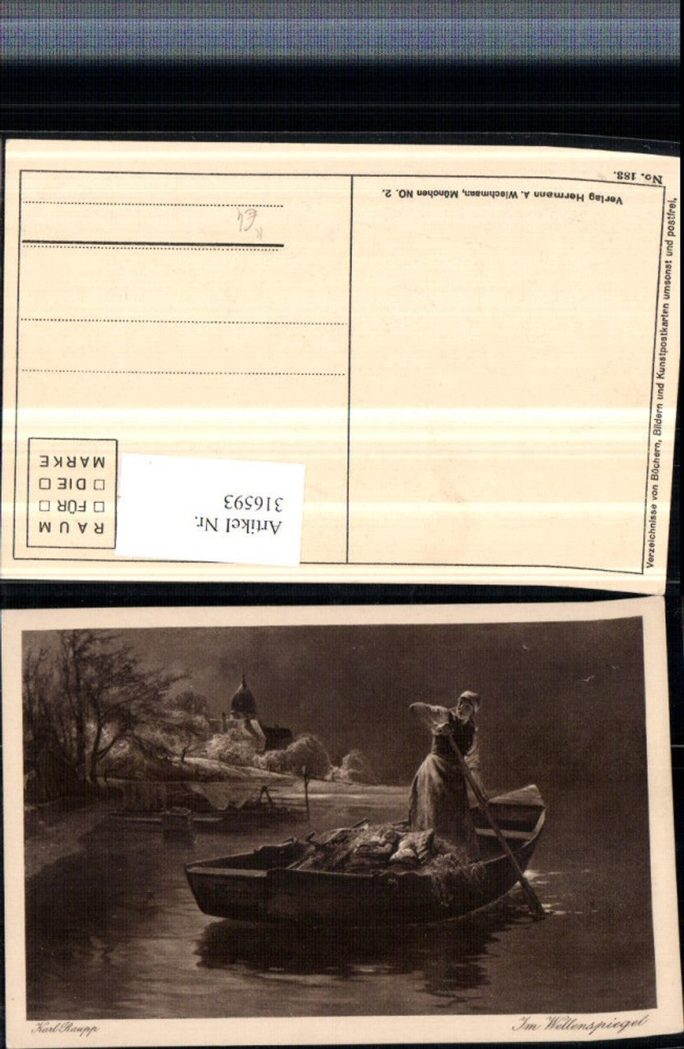 316593,Künstler AK Karl Raupp Im Wellenspiegel Frau im Ruderboot
