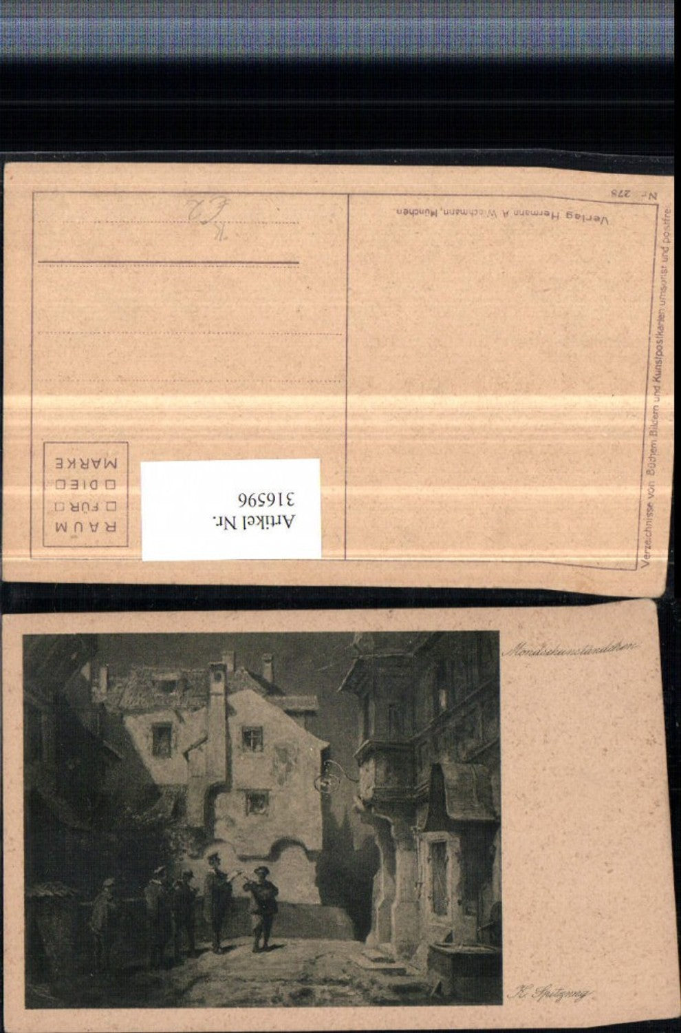 316596,Künstler AK K. Spitzweg Mondscheinständchen Musikanten Dorf