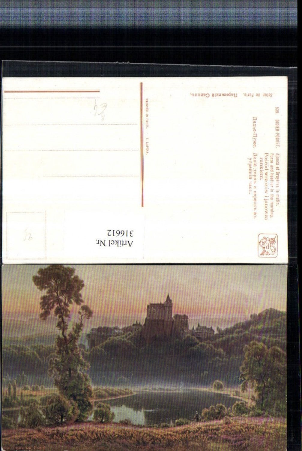 316612,Künstler AK Didier-Pouget Furze and heather in the morning Blick zur Burg