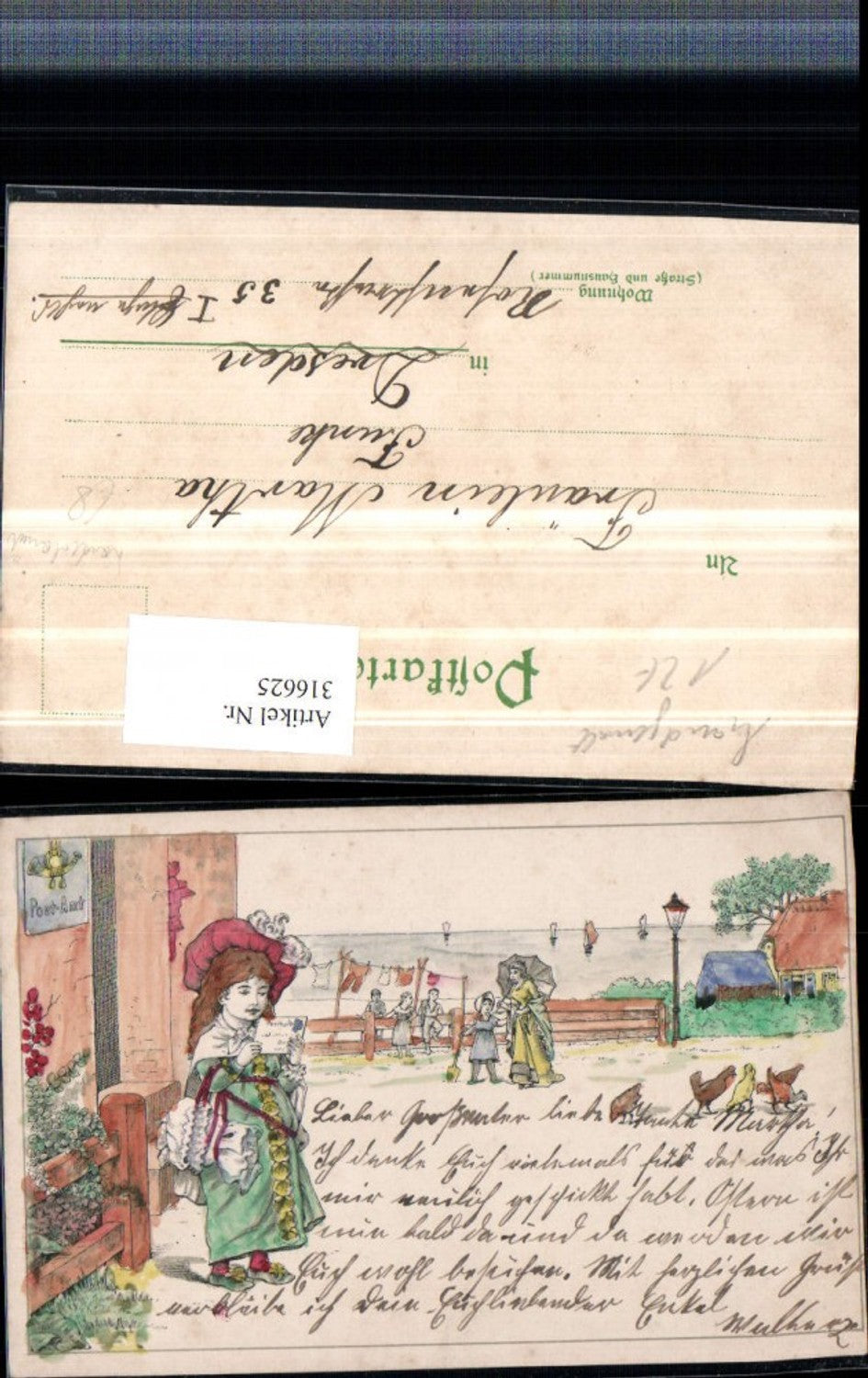 316625,Handkoloriert Postamt Mädchen m. Hut Brief Kinder Frau m. Schirm Hühner