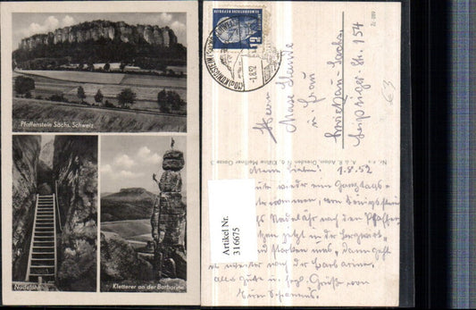 316675,Pfaffenstein b. Königstein Nadelöhr Kletterer an d. Barbarine Mehrbildkarte