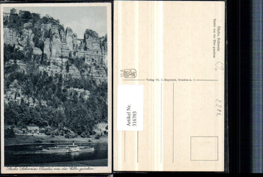 316703,Bastei b. Rathen von d. Elbe gesehen Felswand Dampfer