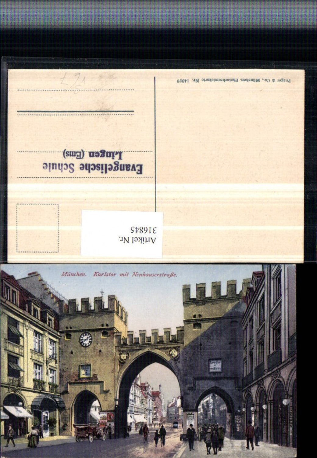 316845,München Karlstor m. Neuhauserstraße Evang. Schule Lingen Stempel pub Purger & Co 14929
