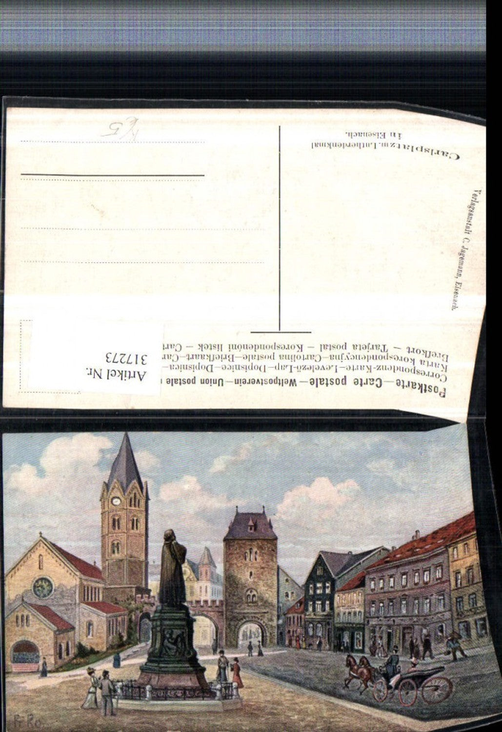 317273,Künstler AK Fr. Ro. Eisenach Karlsplatz m. Lutherdenkmal Kirche Tor