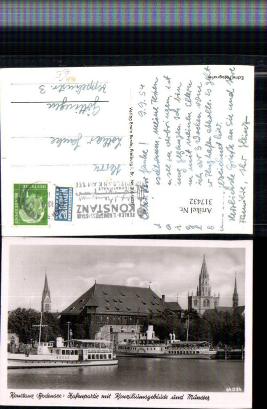 317432, Konstanz on Lake Constance, harbor scene with Council Building and Minster, steamer