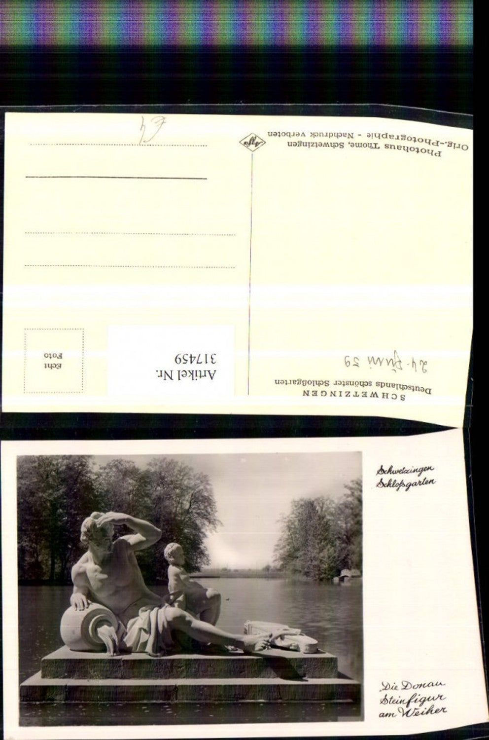 317459,Schwetzingen Schlossgarten Donau Steinfigur am Weiher