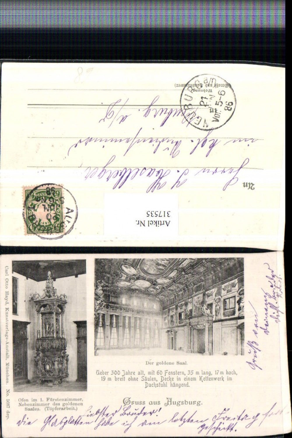317535, Greetings from Augsburg Town Hall, Golden Hall, Stove, Multi-image postcard, Carl Otto Hayd 5687