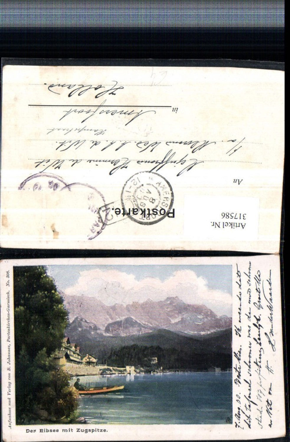 317586,Künstler AK Eibsee See m. Zugspitze Bergkulisse