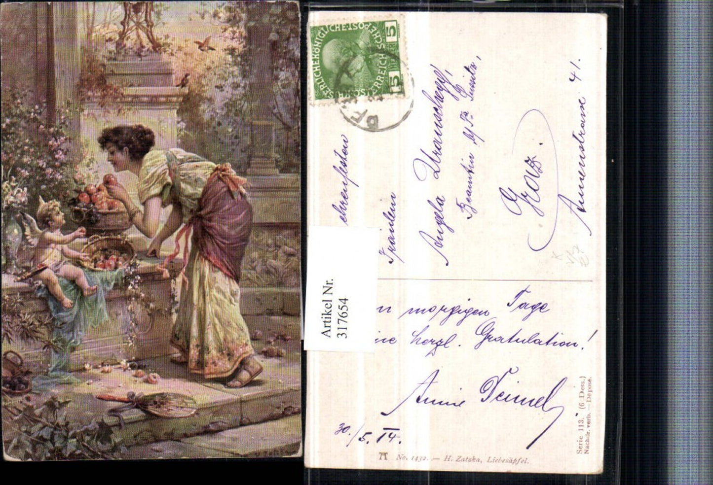 317654,Künstler AK Hans Zatzka Liebesäpfel Amor Engel Frau Kleid pub Ackermann 1432
