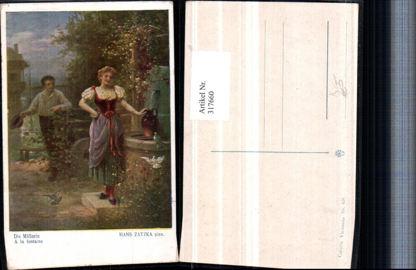 317660,Künstler AK Hans Zatzka Die Müllerin Frau in Tracht Brunnen Mann m. Hut
