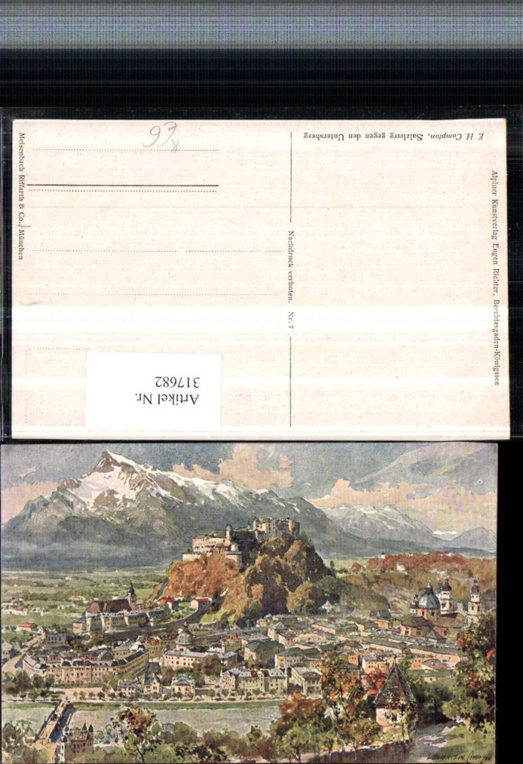 317682,Künstler AK E. H. Compton Salzburg Totale m. Festung geg. Untersberg Bergkulisse