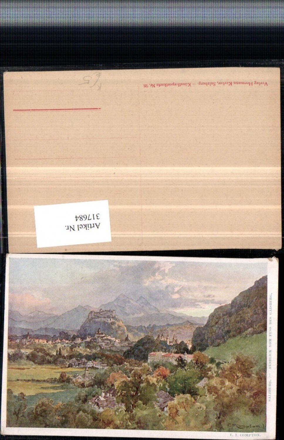 317684,Künstler AK E. T. Compton Salzburg Teilansicht Bergkulisse