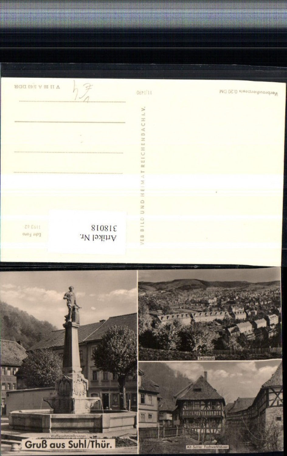 318018,Suhl Teilansicht Waffenschmied-Brunnen Fachwerkhäuser Mehrbildkarte pub VEB 11/1490