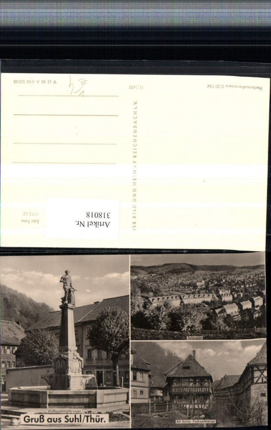 318018, Suhl Partial view Weaponsmith Fountain Half-timbered houses Multi-image postcard pub VEB 11/1490