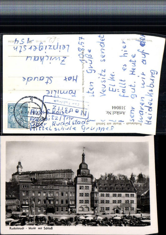 318044, Rudolstadt Market with Castle, Railway Post Office Neusitz via Rudolstadt