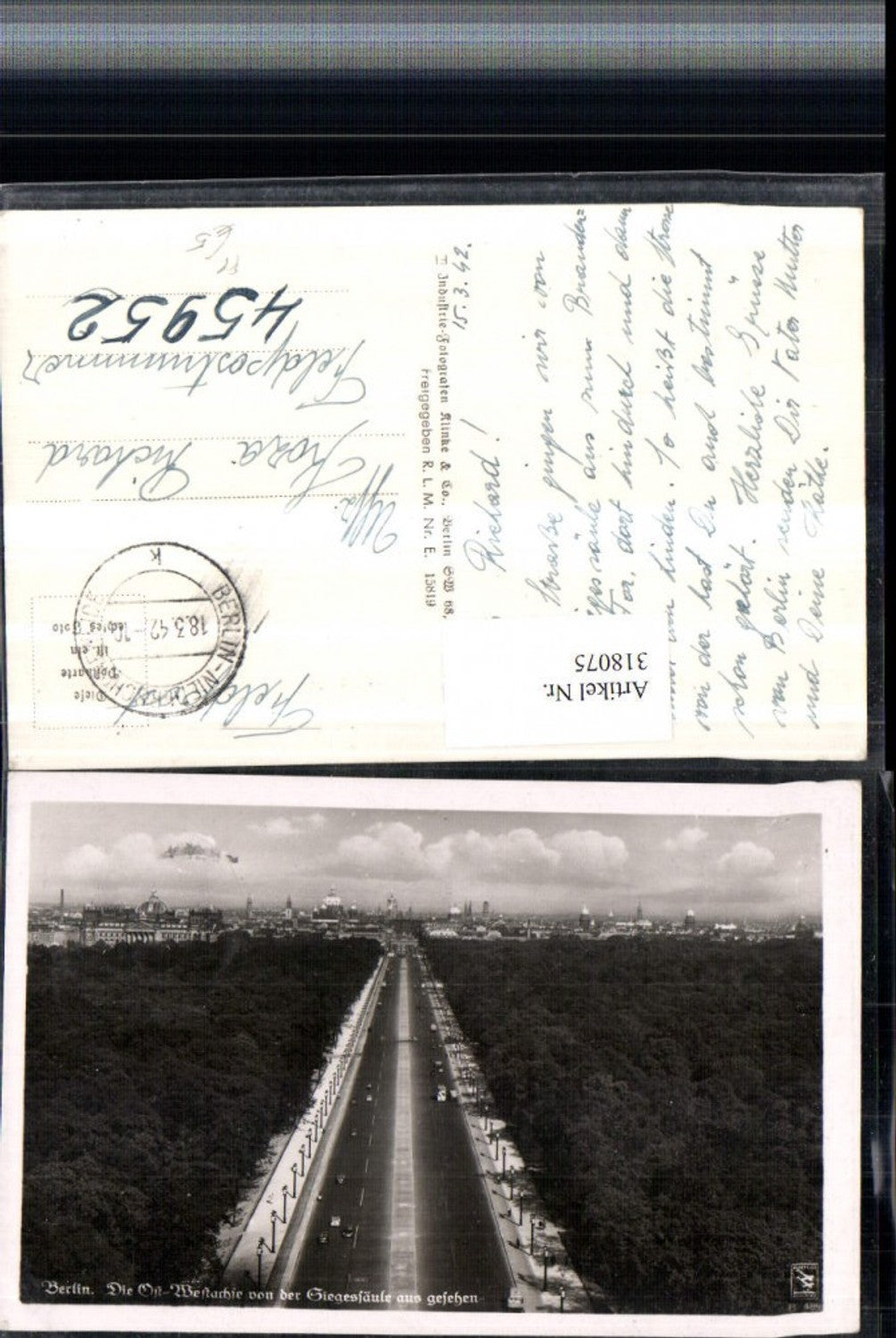 318075,Berlin Teilansicht Ost-Westachse von d. Siegessäule Feldpost Nr. 45952