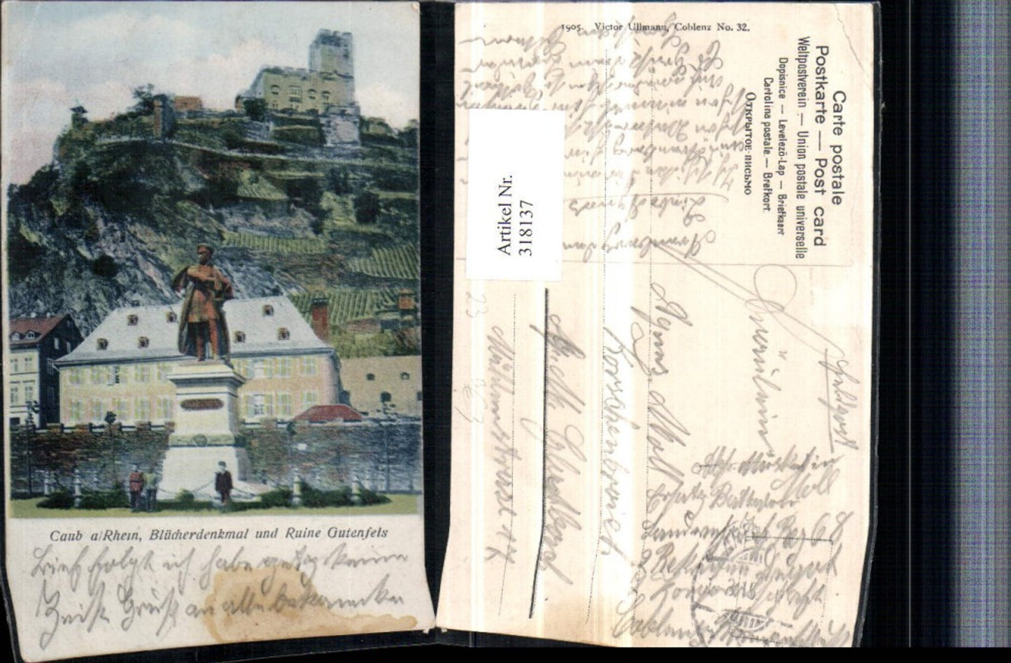 318137,Kaub am Rhein Blücher-Denkmal u. Ruine Gutenfels