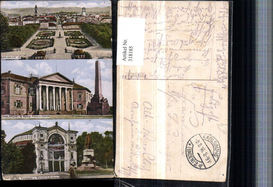 318185, Karlsruhe Total view of the Festival Hall, Bismarck Monument, Palace and Obelisk, multi-view postcard