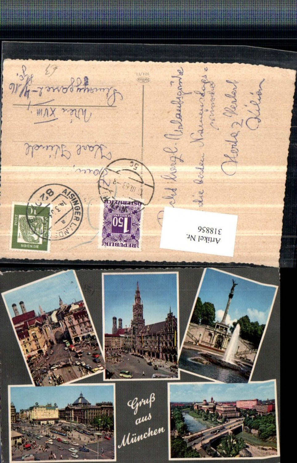 318856, Greetings from Munich, Town Hall, Bridge, Street Views, Fountain, Multi-view postcard