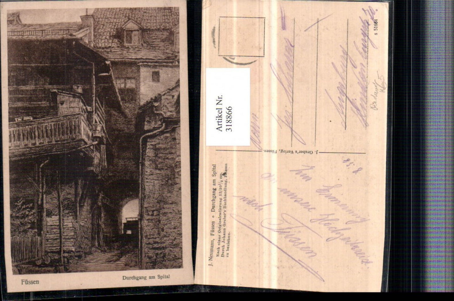 318866,Künstler AK Radierung J. Neumann Füssen Durchgang am Spital