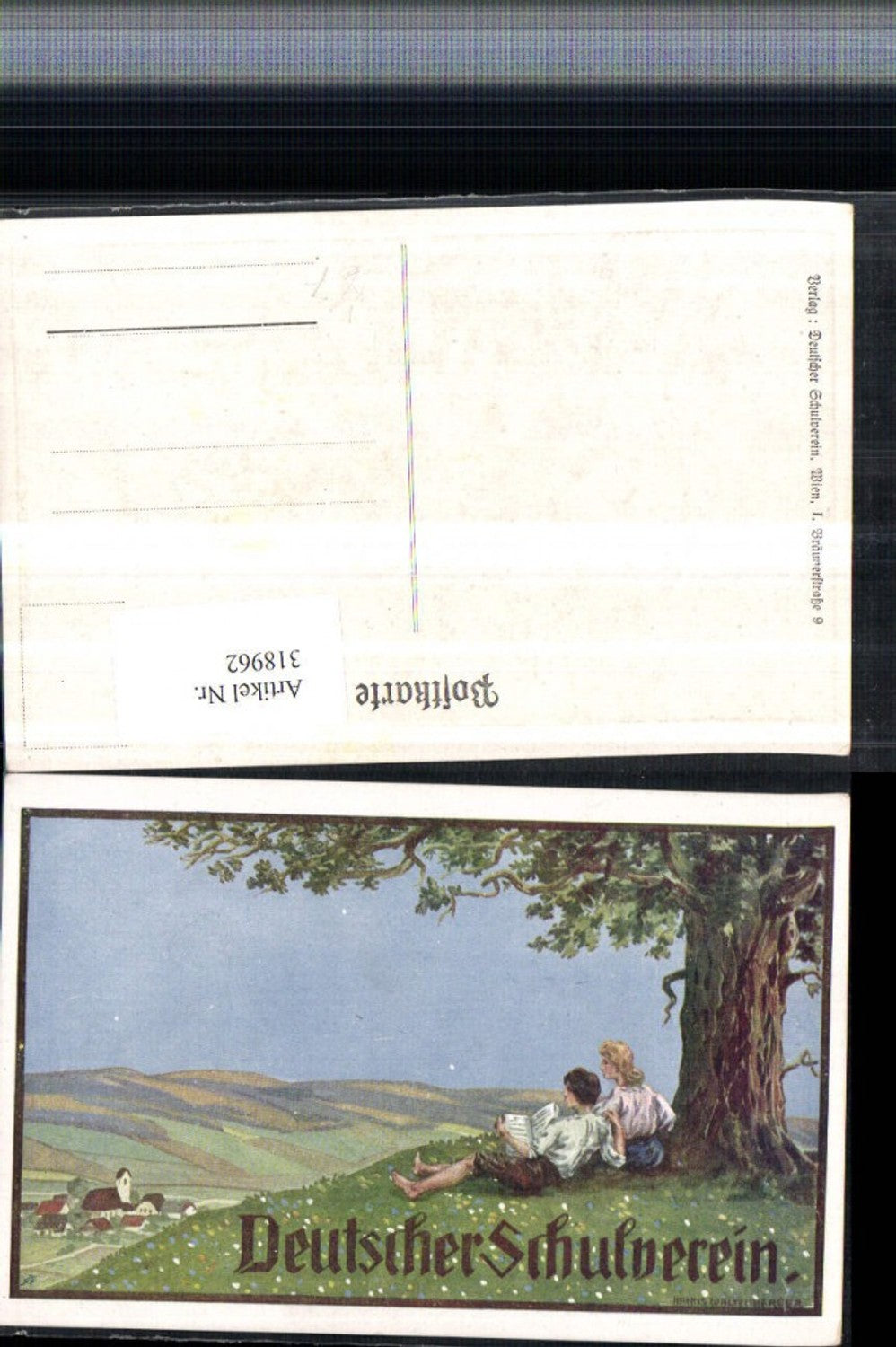 318962, German School Association, Artist Hanns Waltenberger, Lovers, Meadow, Book, Village View