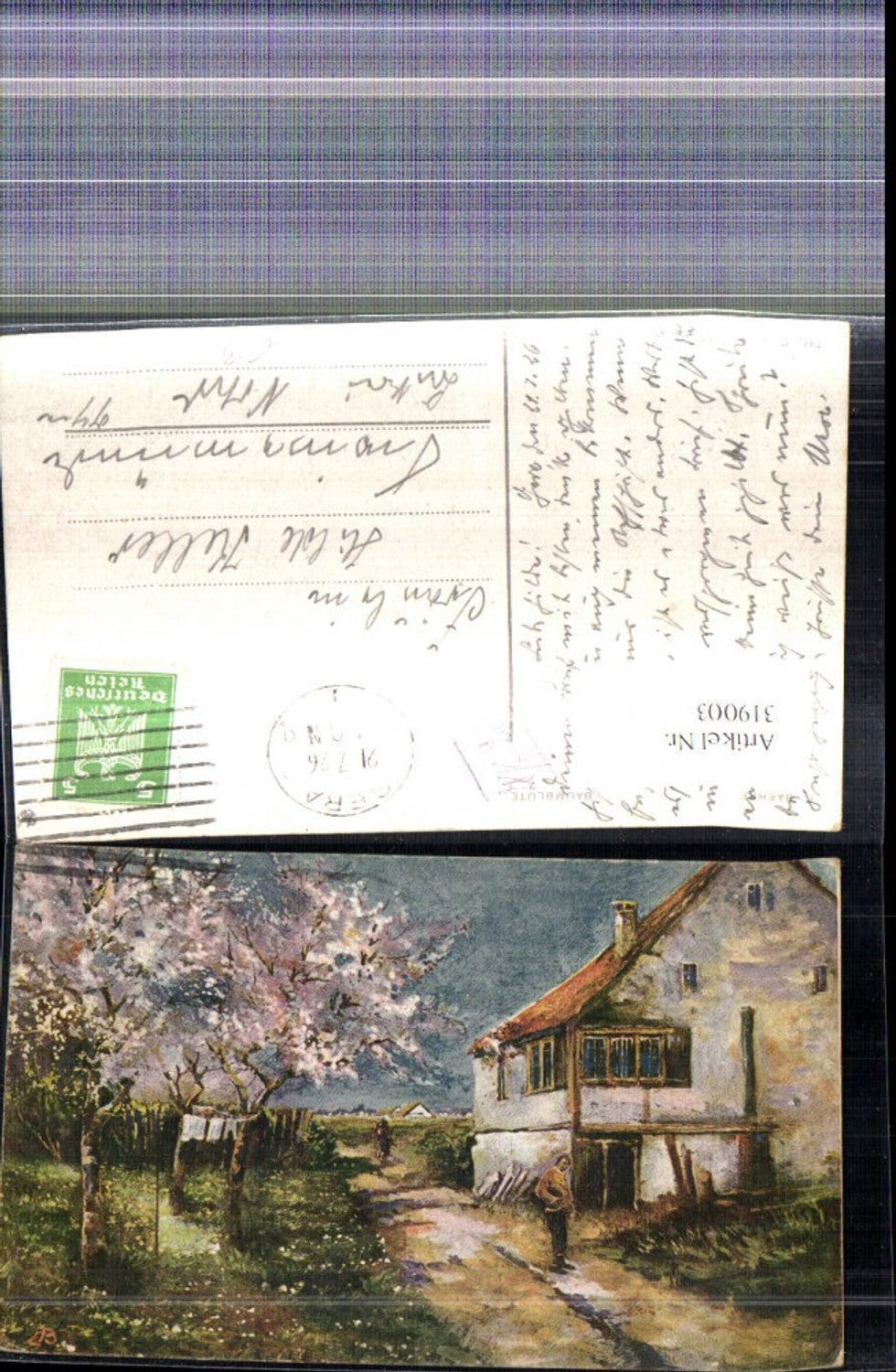 319003,Künstler Ak F. Baehre Baumblüte Haus Landschaft
