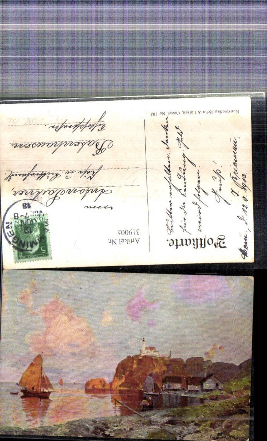 319005,Künstler Ak Georg M. Meinzolt Segelboot Kirche Küste Landschaft